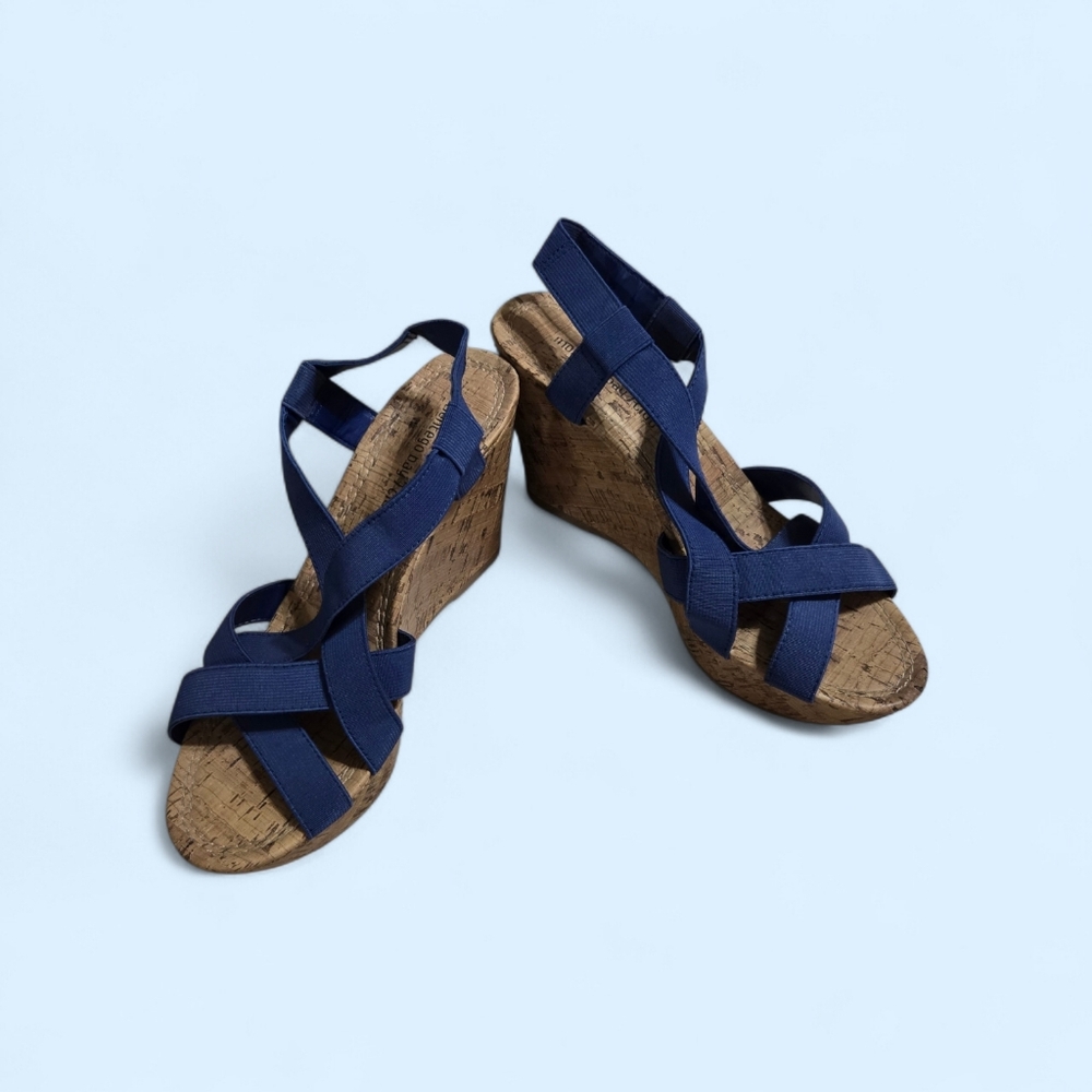 Navy Elastic Strappy Cork Wedge Sandals By Montego Bay Size 7 1/2 EUC!!